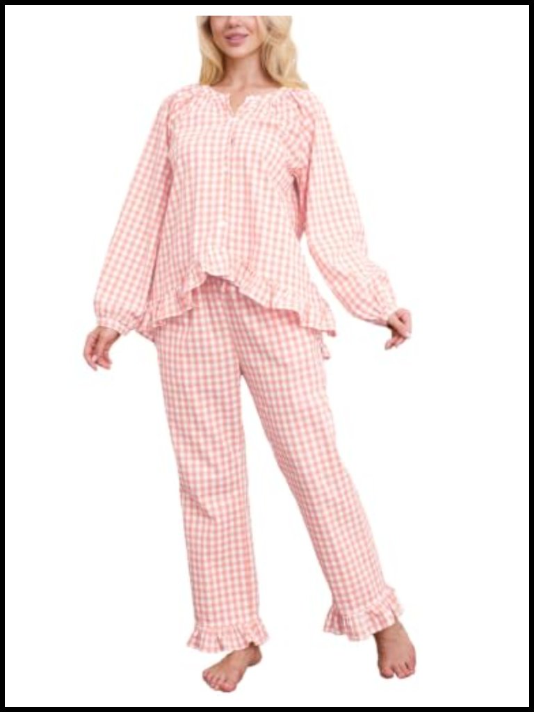 100% Cotton Gingham Pajama Set Long Sleeve Button Down Shirt Pants 2 Piece
